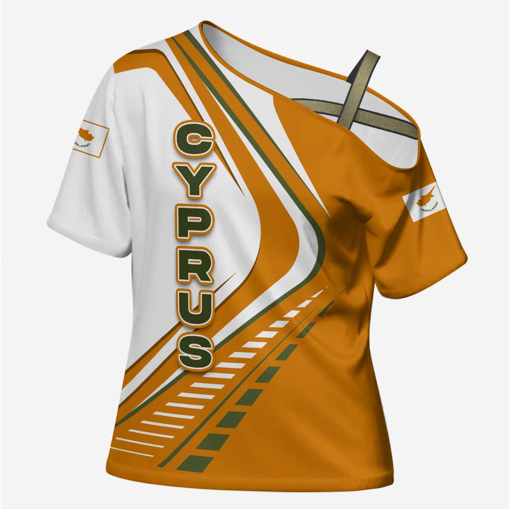 Cyprus Cross Shoulder Shirt with Orange White Abstract Streak Design and Flag Emblem - Wonder Print Shop