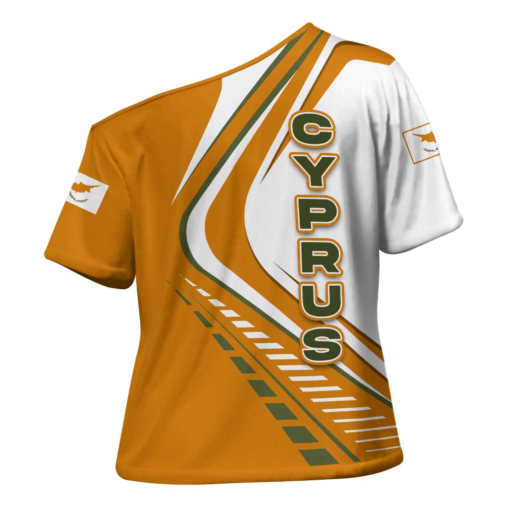 Cyprus Cross Shoulder Shirt with Orange White Abstract Streak Design and Flag Emblem - Wonder Print Shop