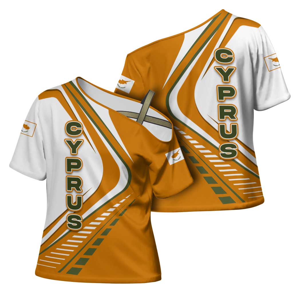 Cyprus Cross Shoulder Shirt with Orange White Abstract Streak Design and Flag Emblem - Wonder Print Shop