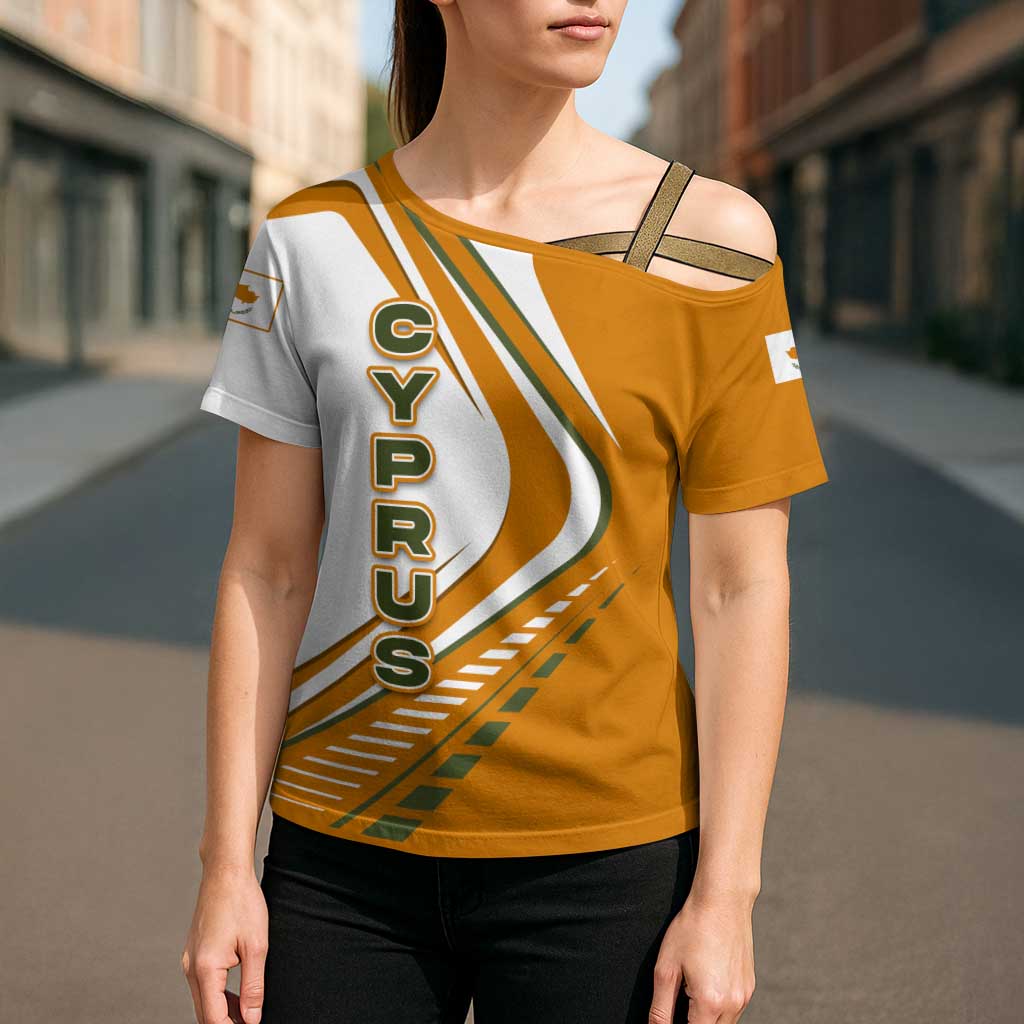 Cyprus Cross Shoulder Shirt with Orange White Abstract Streak Design and Flag Emblem - Wonder Print Shop