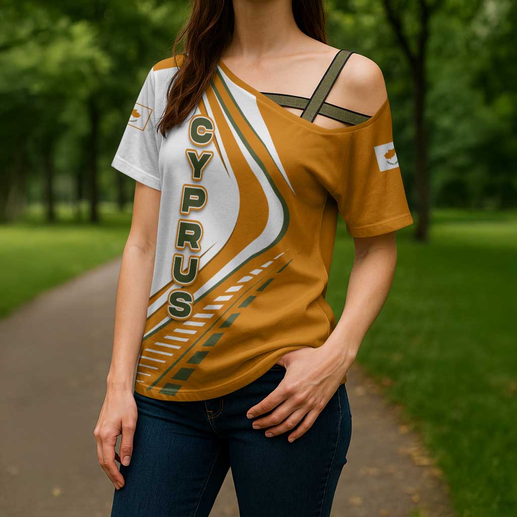Cyprus Cross Shoulder Shirt with Orange White Abstract Streak Design and Flag Emblem - Wonder Print Shop