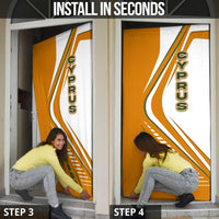 Cyprus Door Cover with Orange White Abstract Streak Design and Flag Emblem - Wonder Print Shop