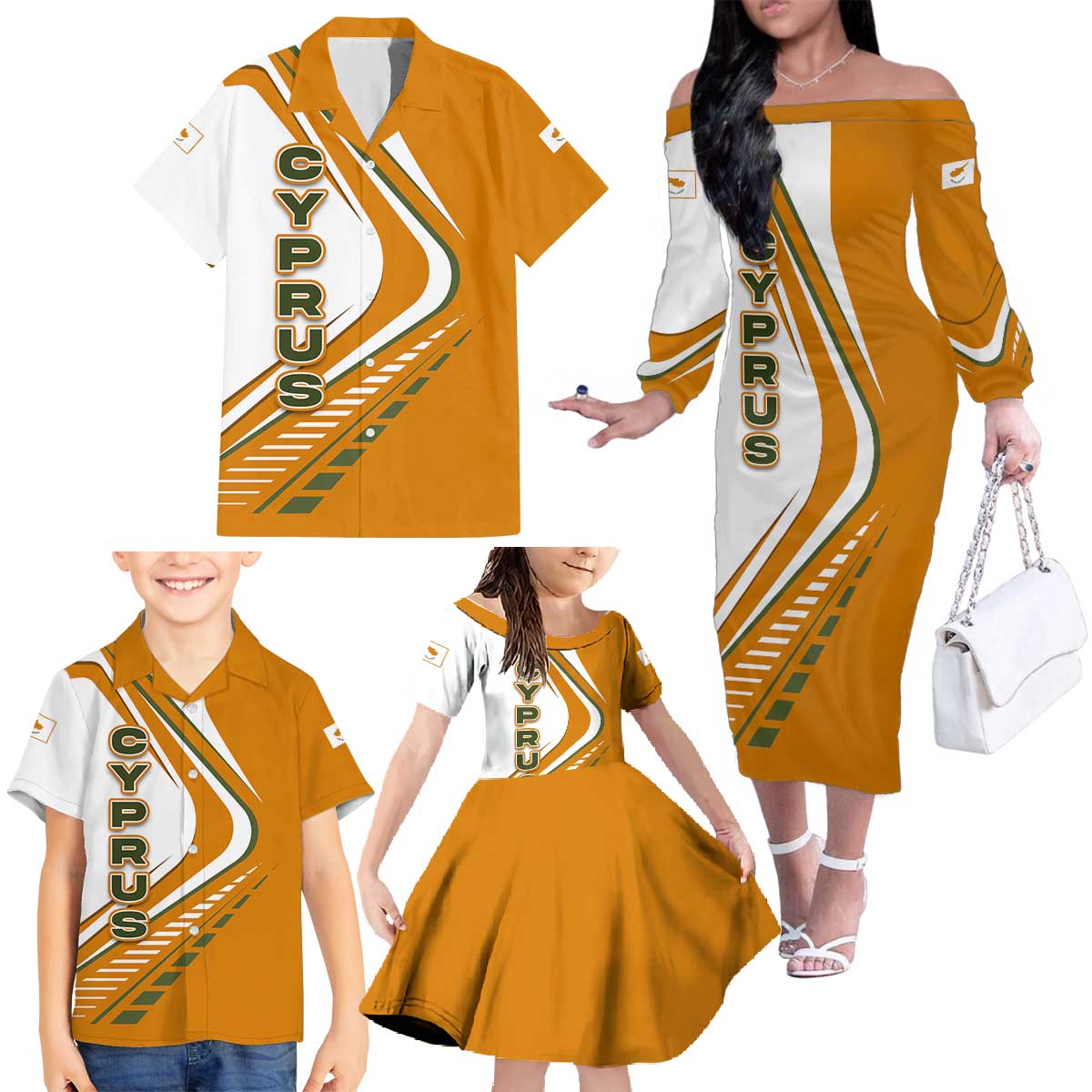 Cyprus Family Matching Off The Shoulder Long Sleeve Dress and Hawaiian Shirt with Orange White Abstract Streak Design and Flag Emblem - Wonder Print Shop