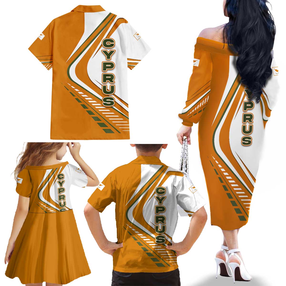 Cyprus Family Matching Off The Shoulder Long Sleeve Dress and Hawaiian Shirt with Orange White Abstract Streak Design and Flag Emblem - Wonder Print Shop