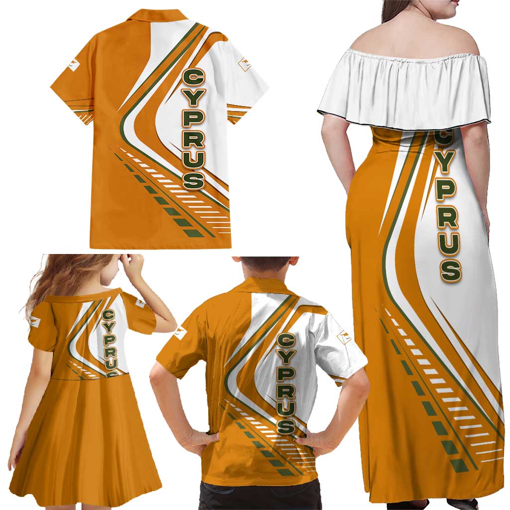 Cyprus Family Matching Off Shoulder Maxi Dress and Hawaiian Shirt with Orange White Abstract Streak Design and Flag Emblem - Wonder Print Shop