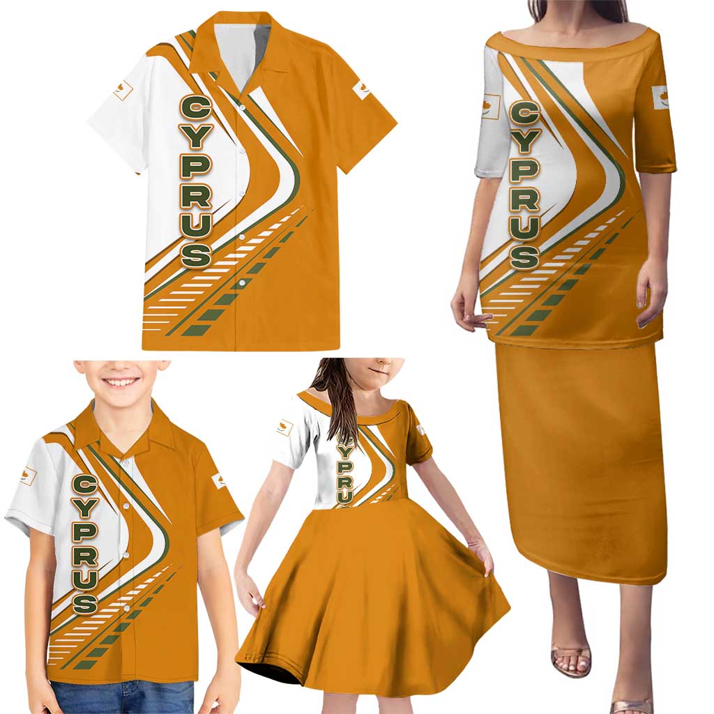 Cyprus Family Matching Puletasi and Hawaiian Shirt with Orange White Abstract Streak Design and Flag Emblem - Wonder Print Shop