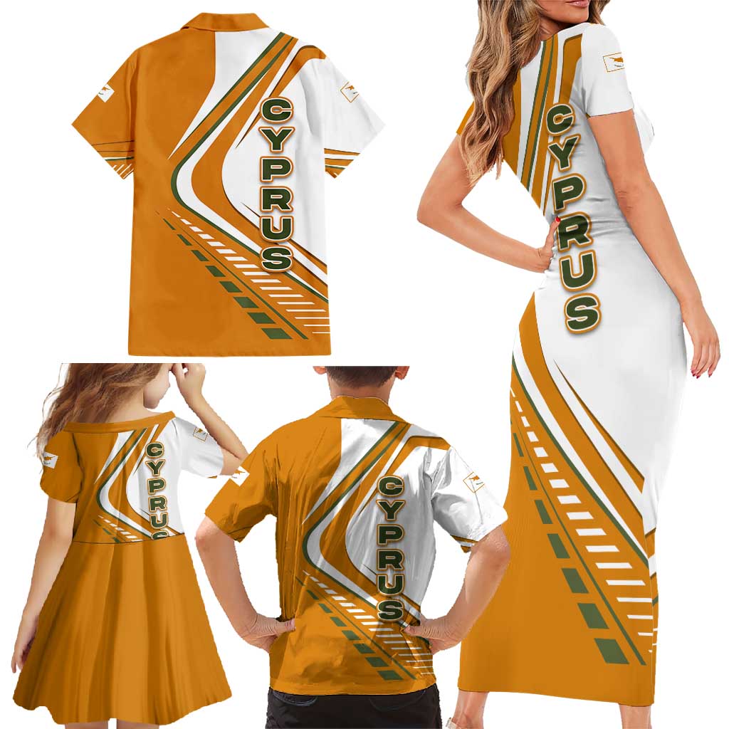 Cyprus Family Matching Short Sleeve Bodycon Dress and Hawaiian Shirt with Orange White Abstract Streak Design and Flag Emblem - Wonder Print Shop