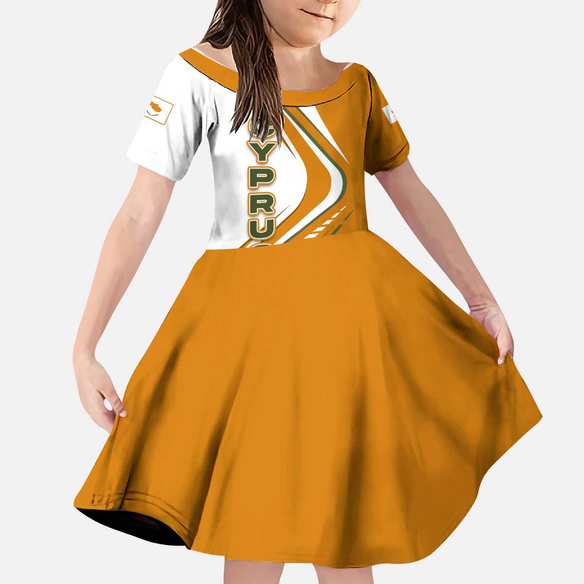 Cyprus Kid Short Sleeve Dress with Orange White Abstract Streak Design and Flag Emblem - Wonder Print Shop