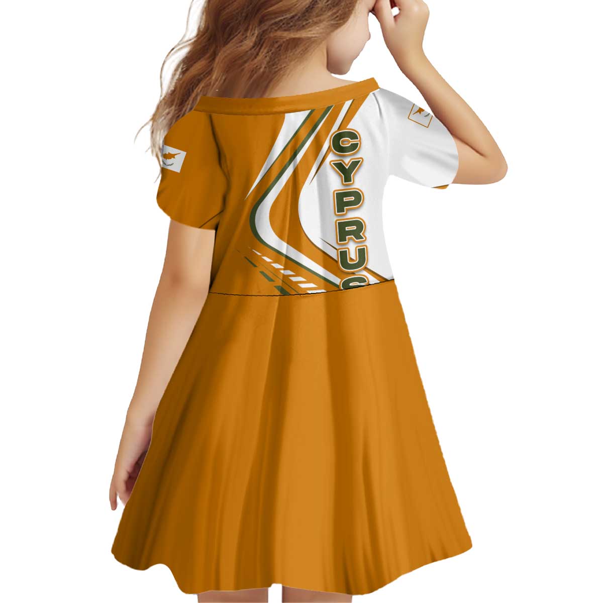 Cyprus Kid Short Sleeve Dress with Orange White Abstract Streak Design and Flag Emblem - Wonder Print Shop
