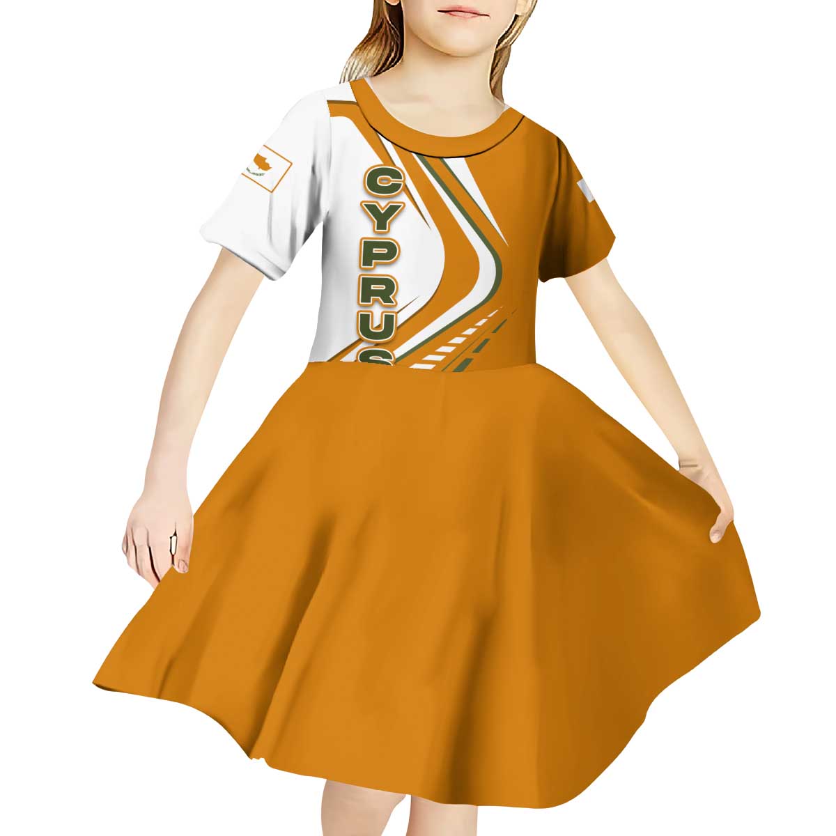 Cyprus Kid Short Sleeve Dress with Orange White Abstract Streak Design and Flag Emblem - Wonder Print Shop