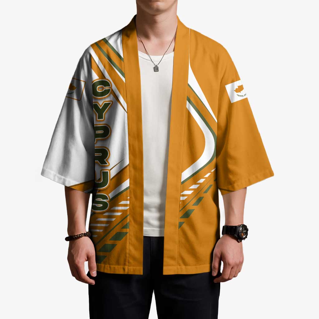 Cyprus Kimono with Orange White Abstract Streak Design and Flag Emblem - Wonder Print Shop