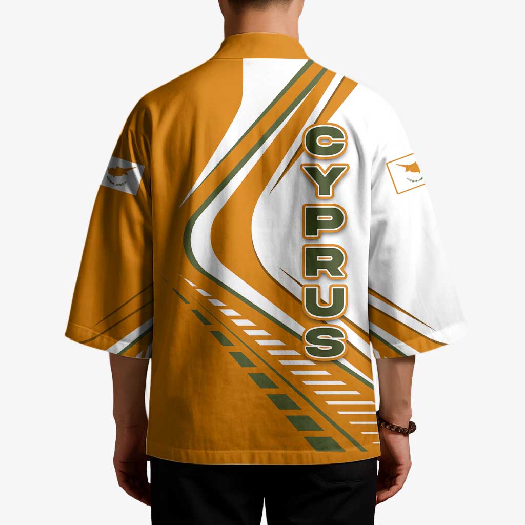 Cyprus Kimono with Orange White Abstract Streak Design and Flag Emblem - Wonder Print Shop
