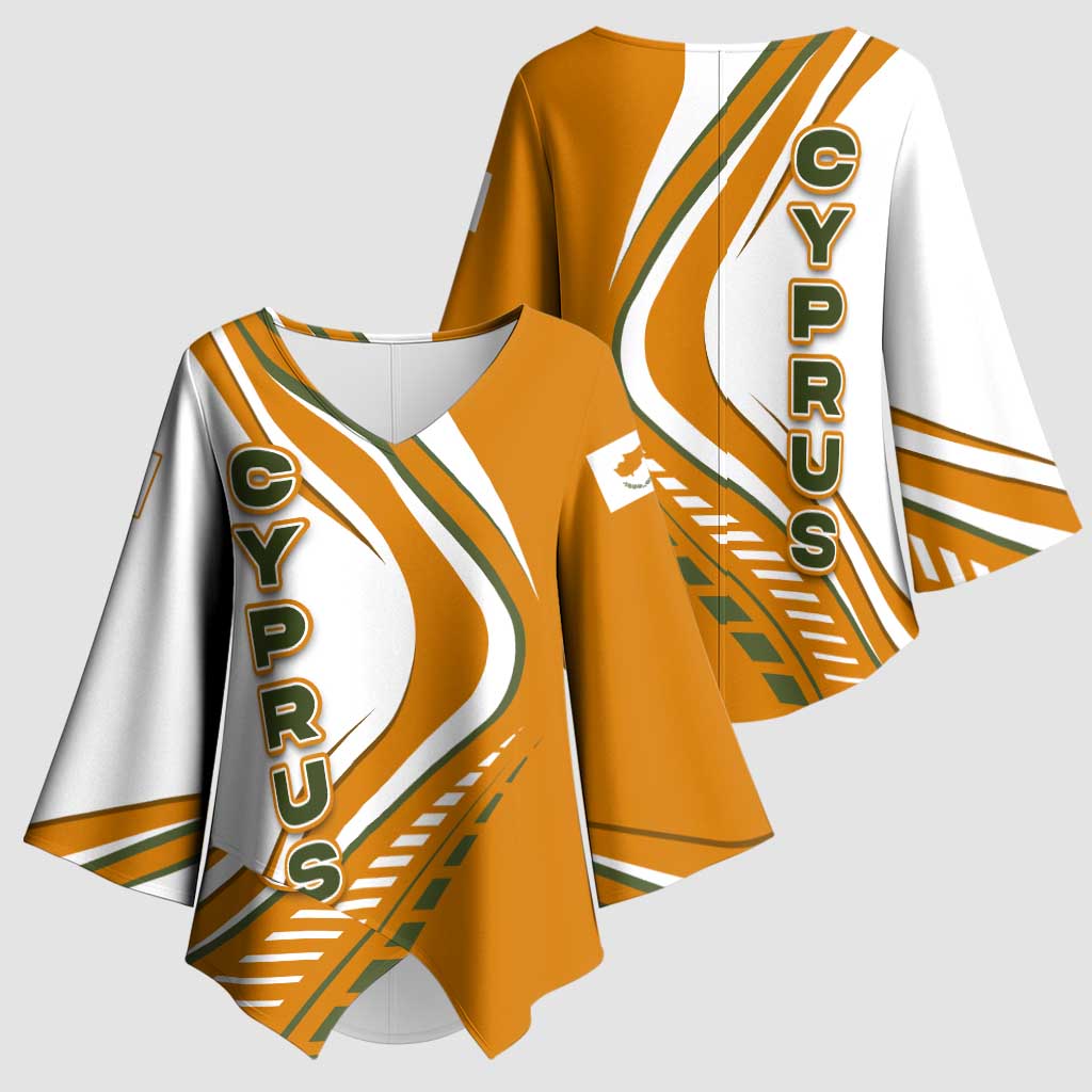 Cyprus Kimono Sleeve Blouse with Orange White Abstract Streak Design and Flag Emblem - Wonder Print Shop