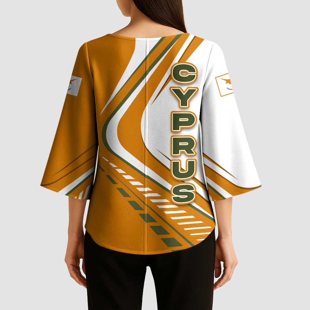 Cyprus Kimono Sleeve Blouse with Orange White Abstract Streak Design and Flag Emblem - Wonder Print Shop