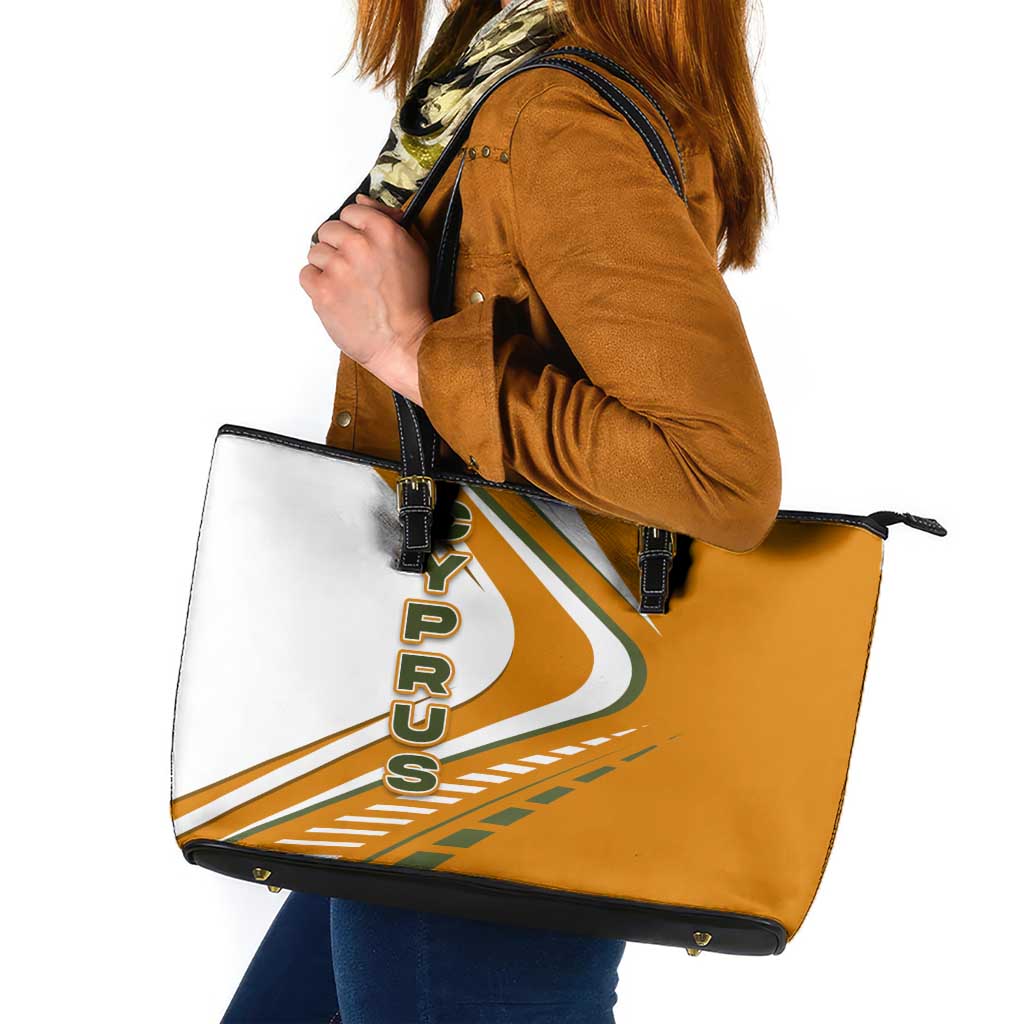 Cyprus Leather Tote Bag with Orange White Abstract Streak Design and Flag Emblem - Wonder Print Shop