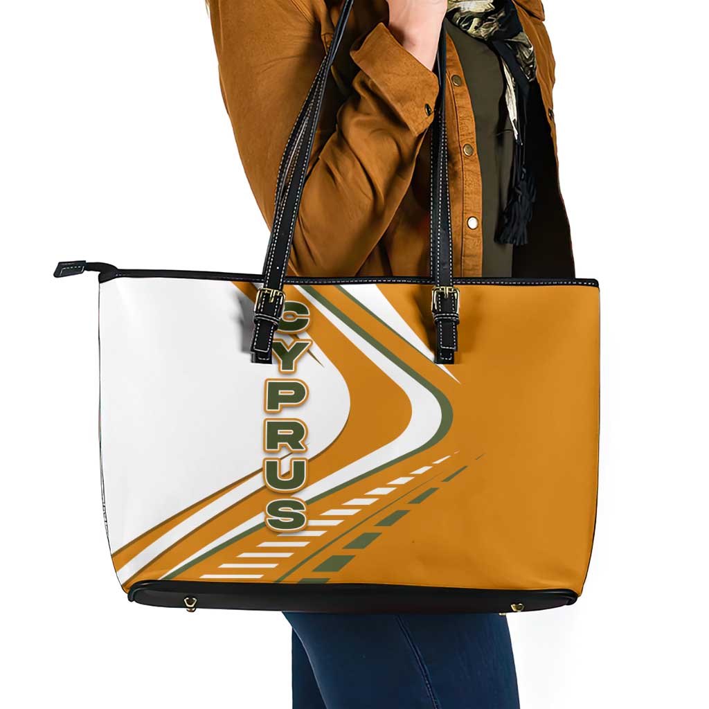 Cyprus Leather Tote Bag with Orange White Abstract Streak Design and Flag Emblem - Wonder Print Shop
