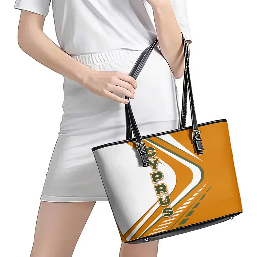 Cyprus Leather Tote Bag with Orange White Abstract Streak Design and Flag Emblem - Wonder Print Shop