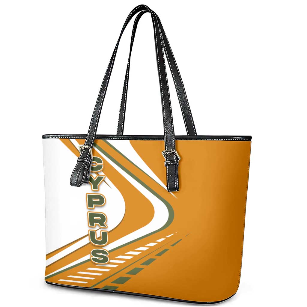 Cyprus Leather Tote Bag with Orange White Abstract Streak Design and Flag Emblem - Wonder Print Shop