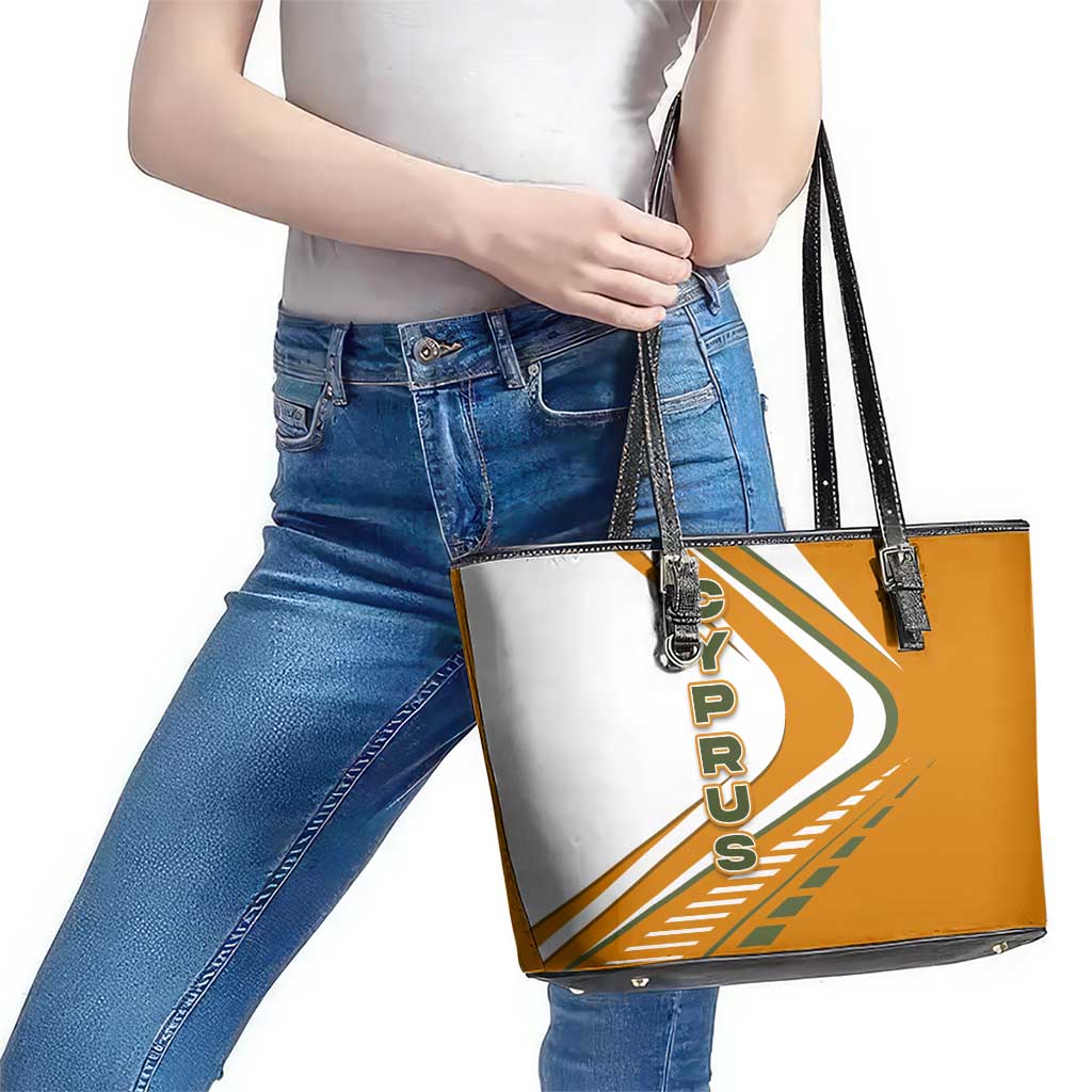 Cyprus Leather Tote Bag with Orange White Abstract Streak Design and Flag Emblem - Wonder Print Shop