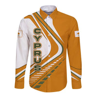 Cyprus Long Sleeve Button Shirt with Orange White Abstract Streak Design and Flag Emblem - Wonder Print Shop