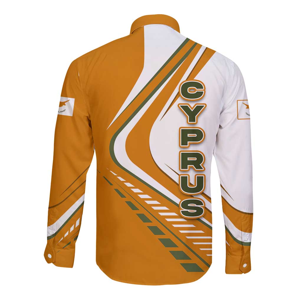 Cyprus Long Sleeve Button Shirt with Orange White Abstract Streak Design and Flag Emblem - Wonder Print Shop