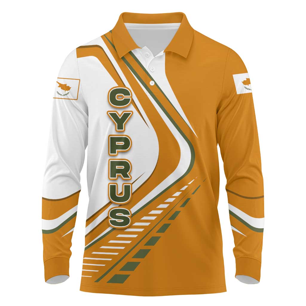 Cyprus Long Sleeve Polo Shirt with Orange White Abstract Streak Design and Flag Emblem - Wonder Print Shop
