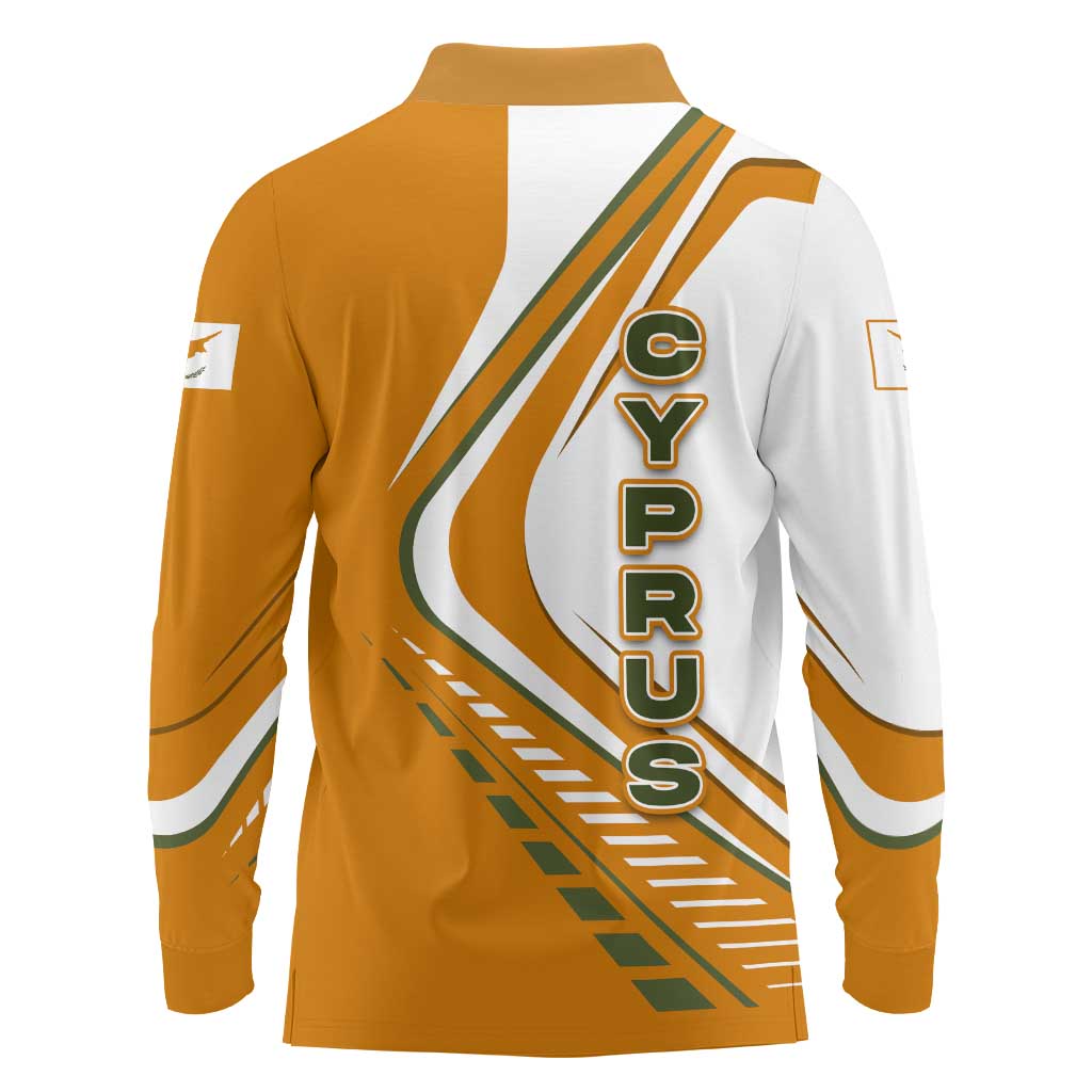 Cyprus Long Sleeve Polo Shirt with Orange White Abstract Streak Design and Flag Emblem - Wonder Print Shop