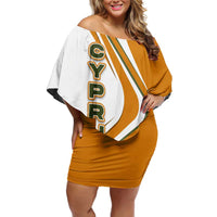 Cyprus Off Shoulder Short Dress with Orange White Abstract Streak Design and Flag Emblem - Wonder Print Shop