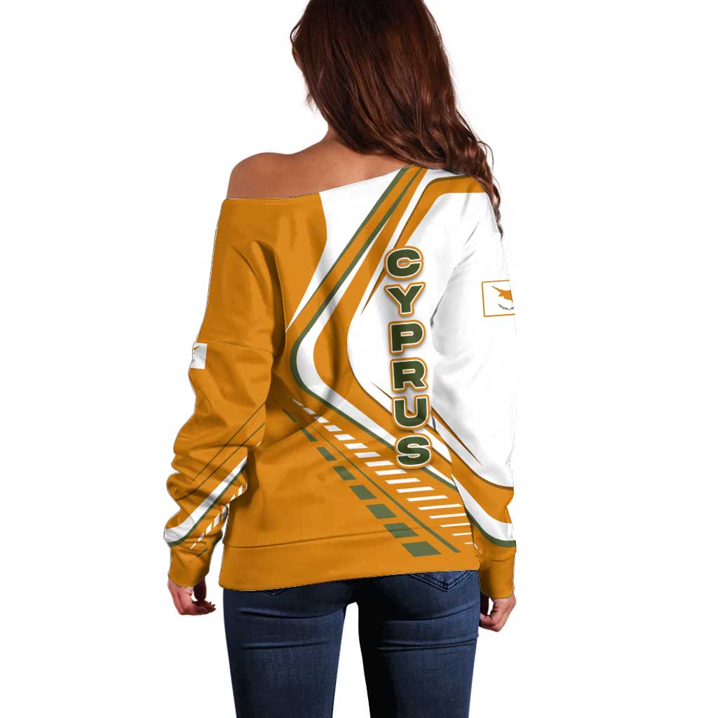 Cyprus Off Shoulder Sweater with Orange White Abstract Streak Design and Flag Emblem - Wonder Print Shop
