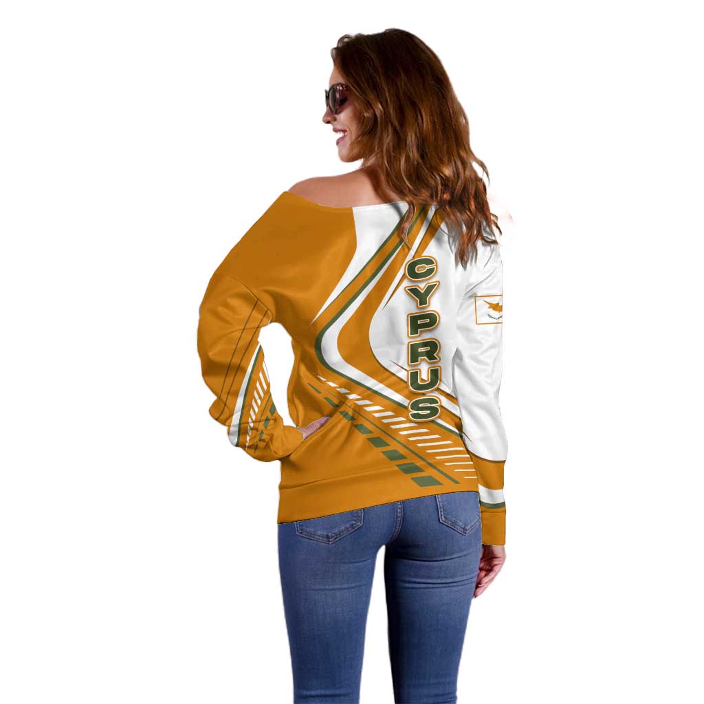 Cyprus Off Shoulder Sweater with Orange White Abstract Streak Design and Flag Emblem - Wonder Print Shop