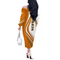 Cyprus Off The Shoulder Long Sleeve Dress with Orange White Abstract Streak Design and Flag Emblem - Wonder Print Shop