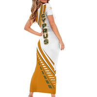 Cyprus Short Sleeve Bodycon Dress with Orange White Abstract Streak Design and Flag Emblem - Wonder Print Shop