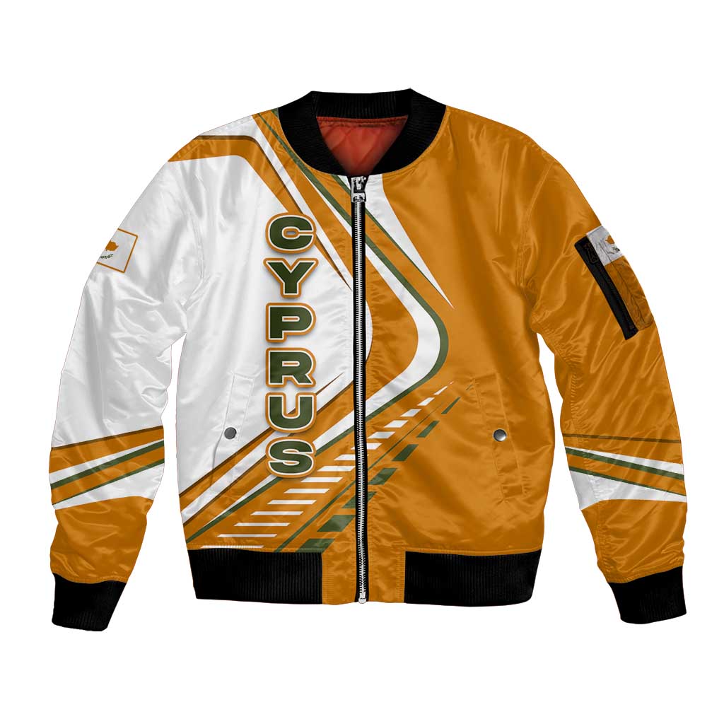 Cyprus Sleeve Zip Bomber Jacket with Orange White Abstract Streak Design and Flag Emblem - Wonder Print Shop