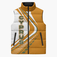 Cyprus Sleeveless Puffer Jacket with Orange White Abstract Streak Design and Flag Emblem - Wonder Print Shop