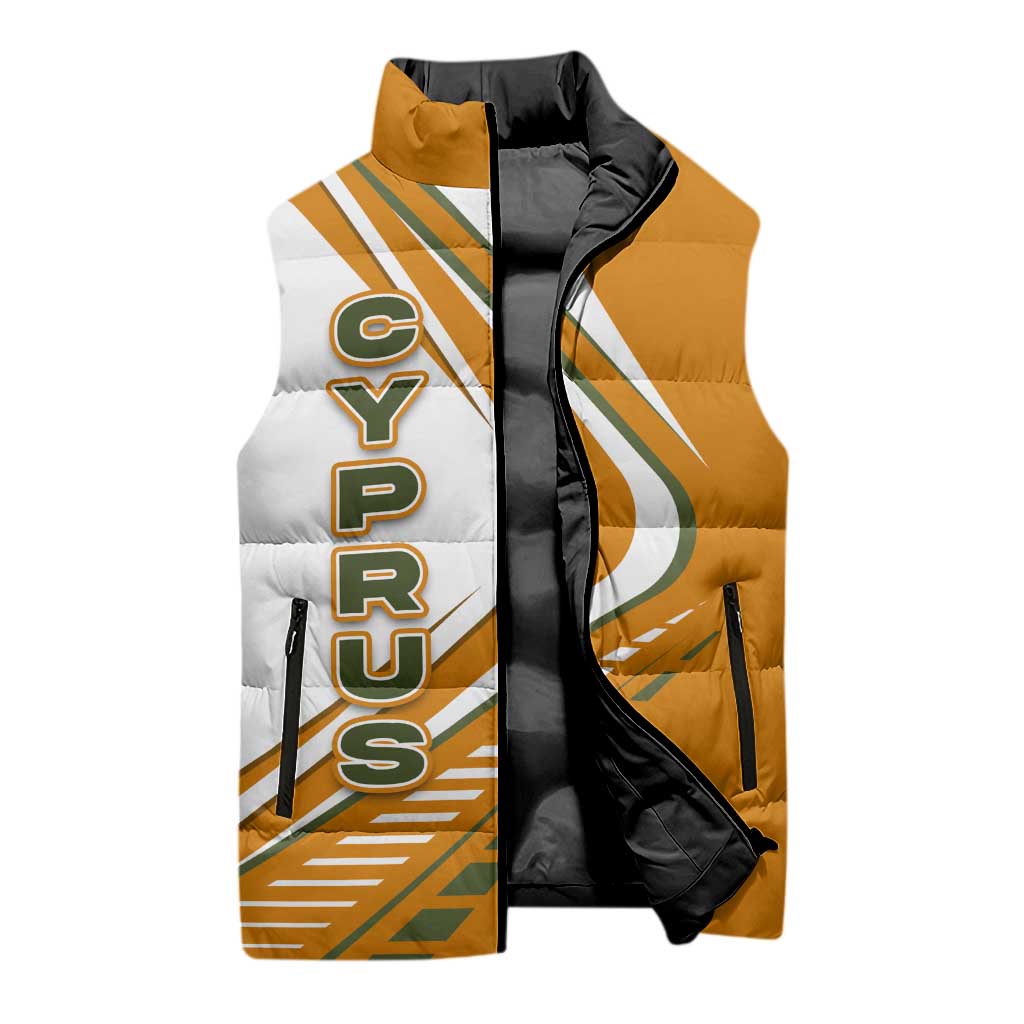 Cyprus Sleeveless Puffer Jacket with Orange White Abstract Streak Design and Flag Emblem - Wonder Print Shop