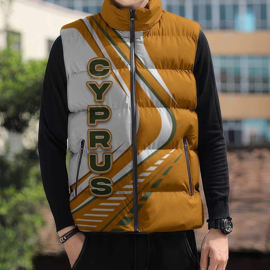 Cyprus Sleeveless Puffer Jacket with Orange White Abstract Streak Design and Flag Emblem - Wonder Print Shop