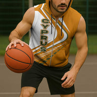 Cyprus Sleeveless Zip Hoodie with Orange White Abstract Streak Design and Flag Emblem - Wonder Print Shop