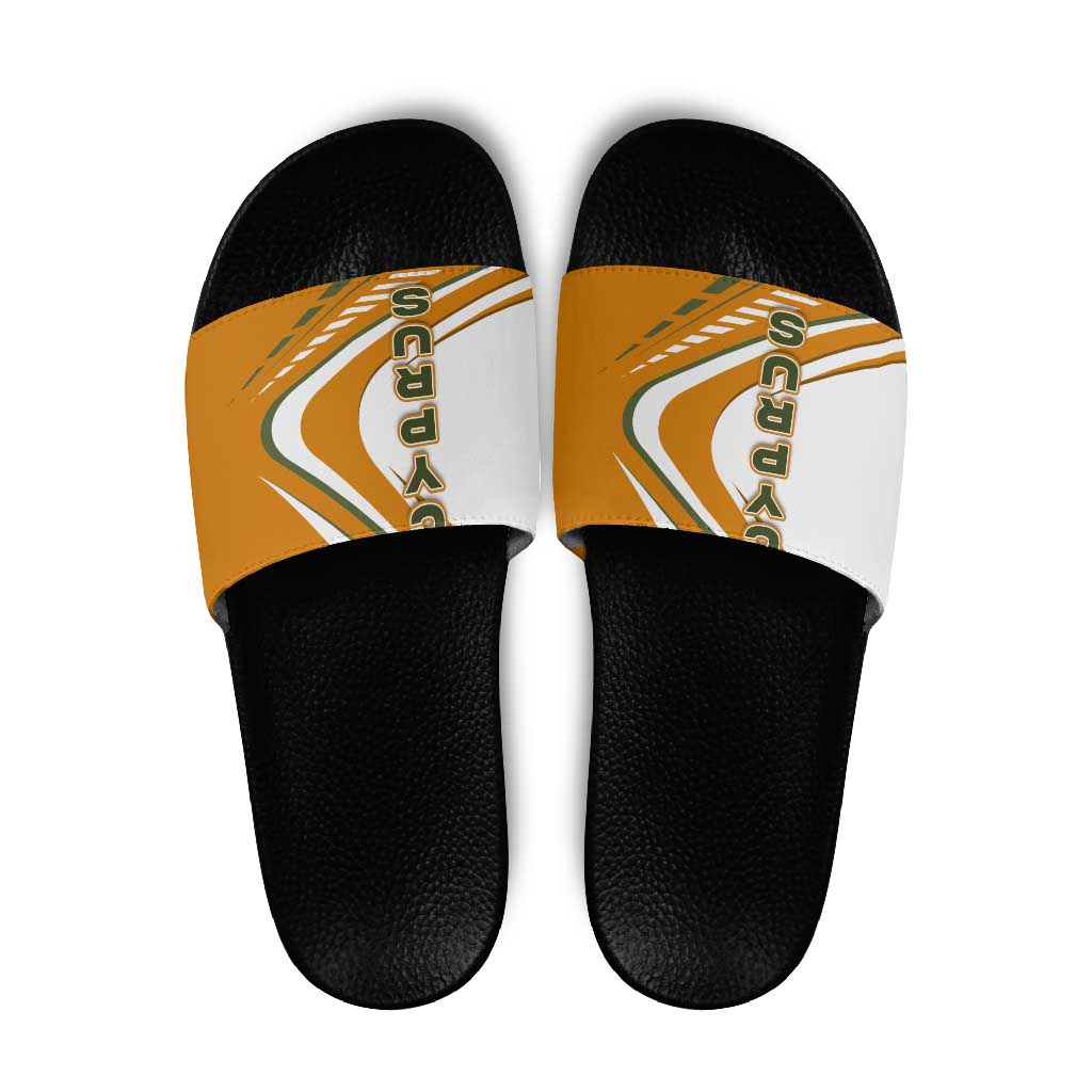 Cyprus Slide Sandals with Orange White Abstract Streak Design and Flag Emblem - Wonder Print Shop