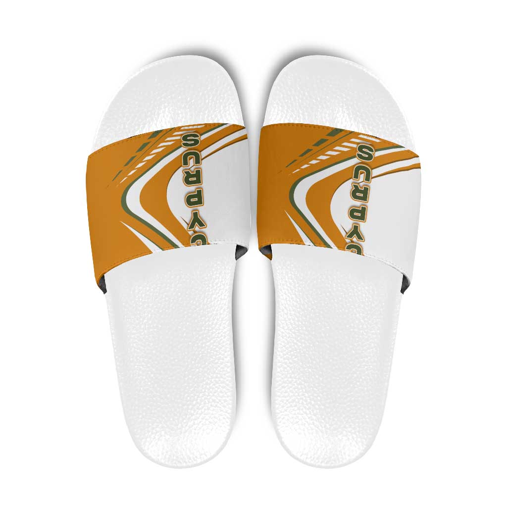 Cyprus Slide Sandals with Orange White Abstract Streak Design and Flag Emblem - Wonder Print Shop
