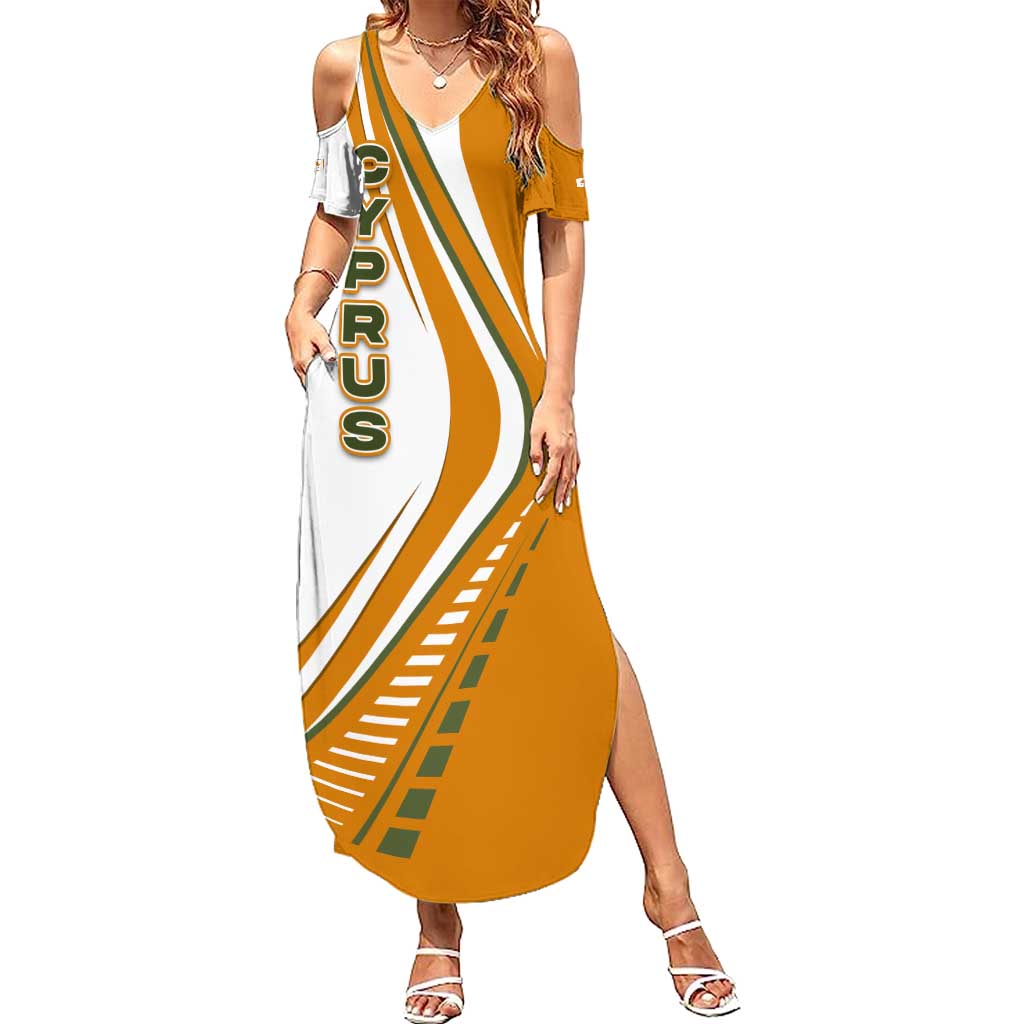 Cyprus Summer Maxi Dress with Orange White Abstract Streak Design and Flag Emblem - Wonder Print Shop
