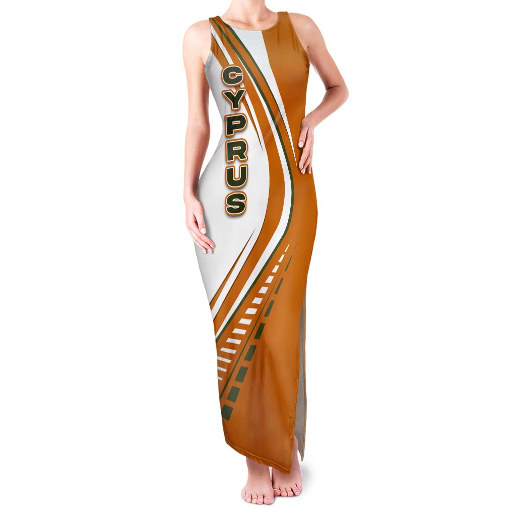 Cyprus Tank Maxi Dress with Orange White Abstract Streak Design and Flag Emblem - Wonder Print Shop