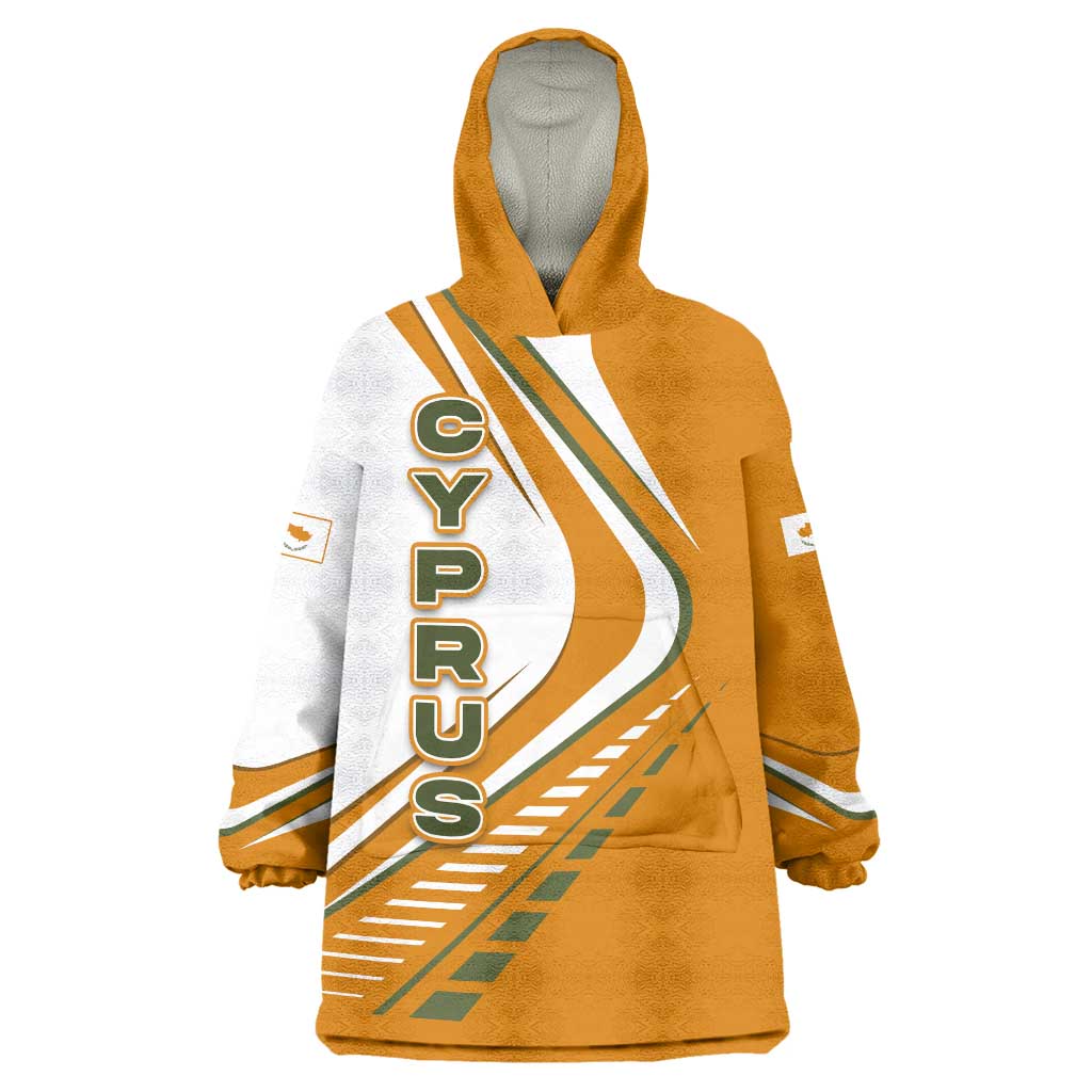 Cyprus Wearable Blanket Hoodie with Orange White Abstract Streak Design and Flag Emblem - Wonder Print Shop