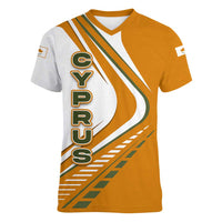 Cyprus Women V-Neck T-Shirt with Orange White Abstract Streak Design and Flag Emblem - Wonder Print Shop