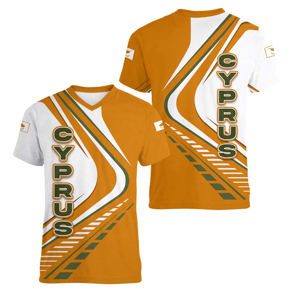 Cyprus Women V-Neck T-Shirt with Orange White Abstract Streak Design and Flag Emblem - Wonder Print Shop