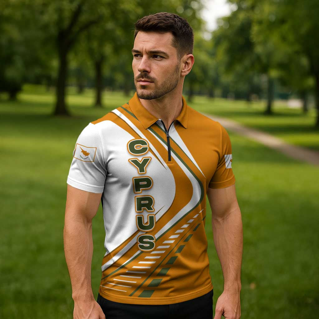 Cyprus Zipper Polo Shirt with Orange White Abstract Streak Design and Flag Emblem - Wonder Print Shop