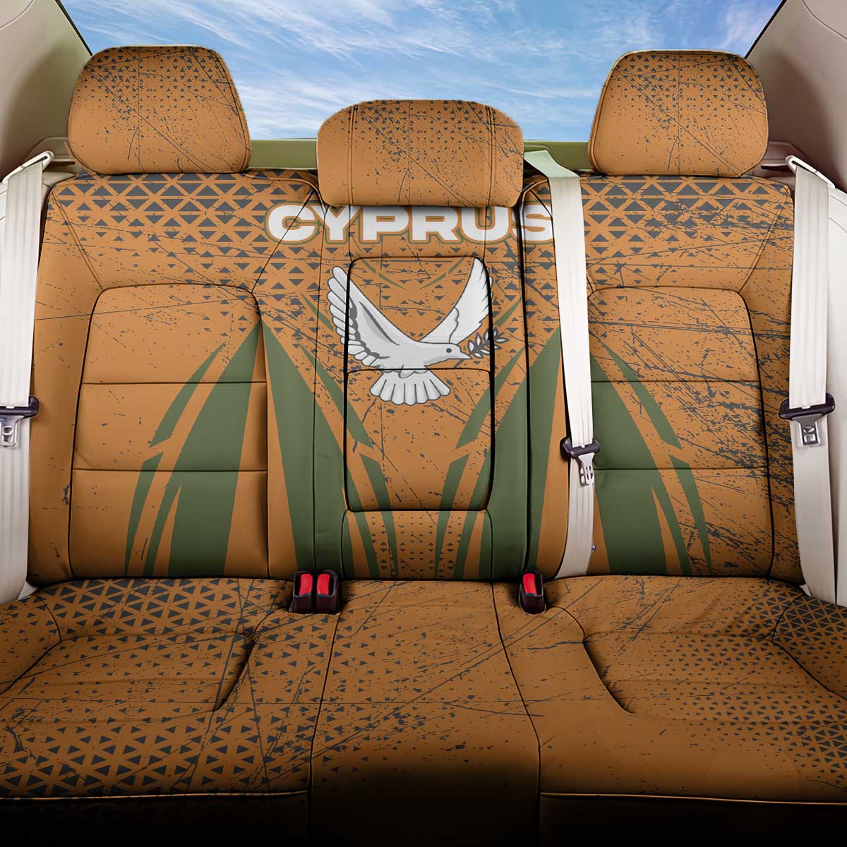 Cyprus Back Car Seat Cover with Orange Green Grunge Design and Peace Dove Emblem - Wonder Print Shop