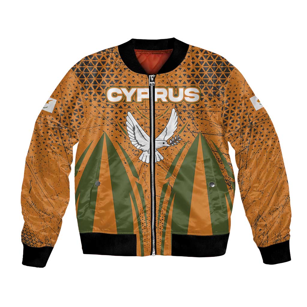 Cyprus Bomber Jacket with Orange Green Grunge Design and Peace Dove Emblem - Wonder Print Shop