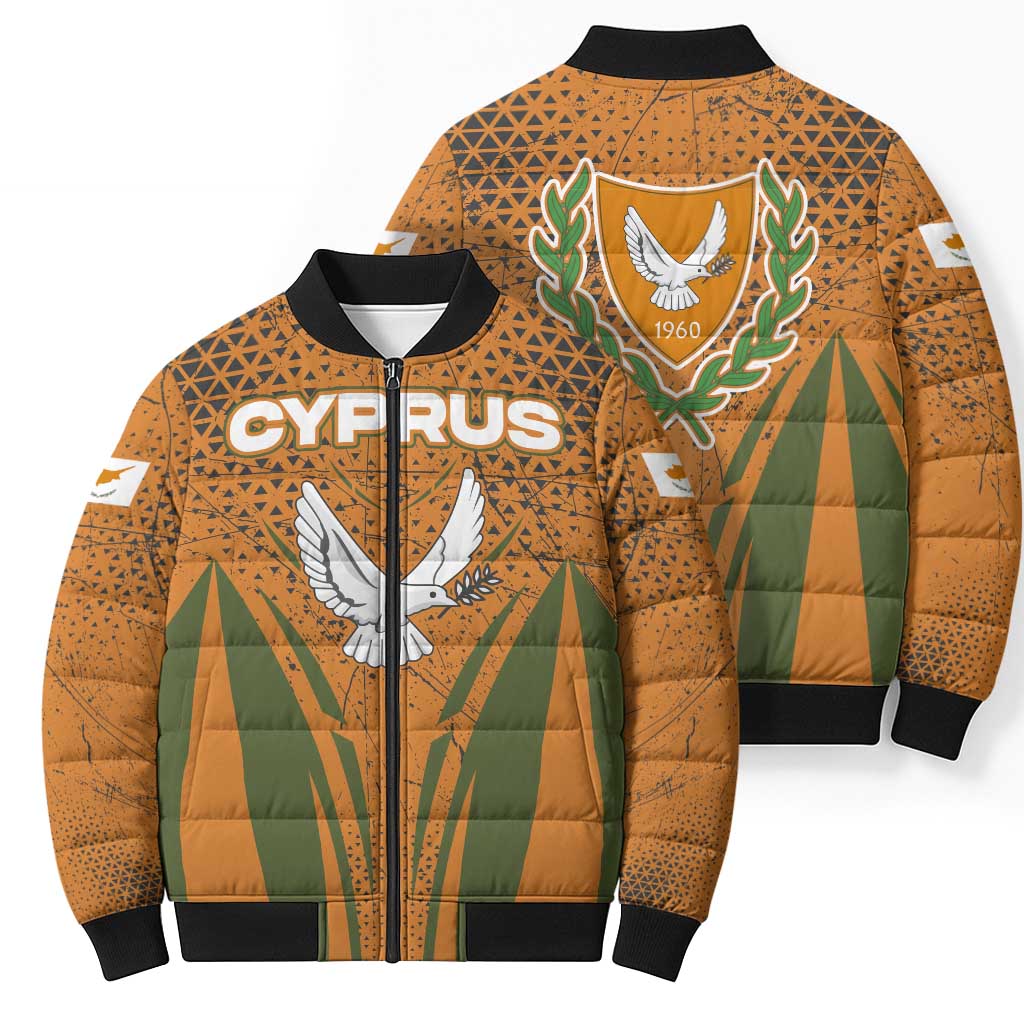 Cyprus Bomber Puffer Jacket with Orange Green Grunge Design and Peace Dove Emblem - Wonder Print Shop