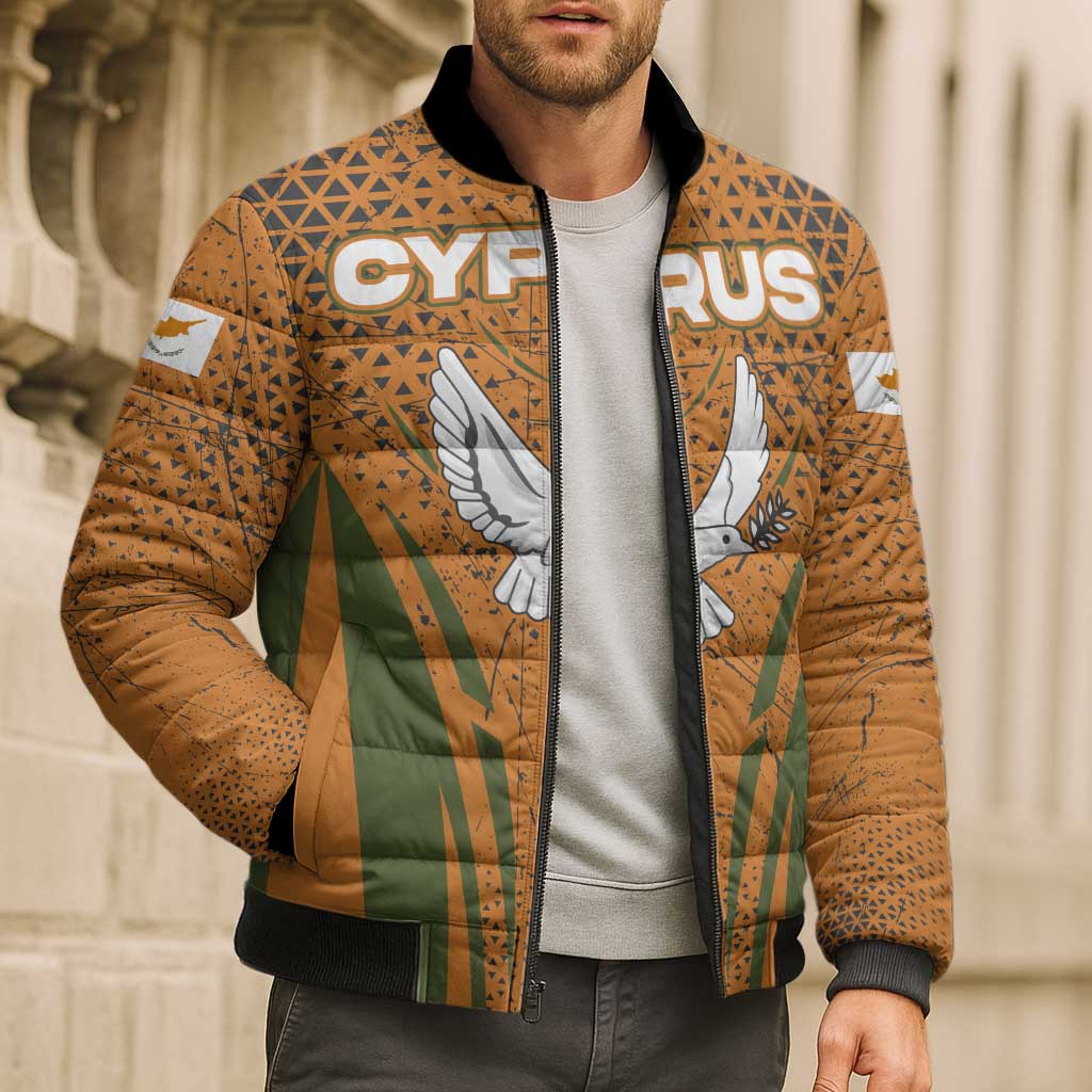 Cyprus Bomber Puffer Jacket with Orange Green Grunge Design and Peace Dove Emblem - Wonder Print Shop