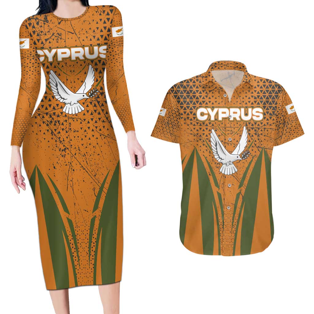 Cyprus Couples Matching Long Sleeve Bodycon Dress and Hawaiian Shirt with Orange Green Grunge Design and Peace Dove Emblem - Wonder Print Shop
